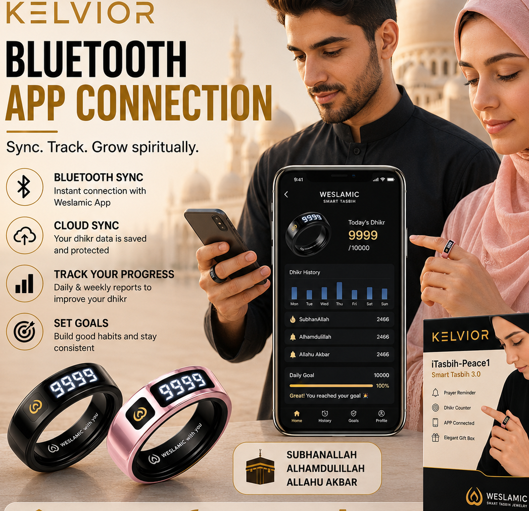 KELVIOR Smart Zikr Ring connected to the official WESLAMIC companion app
