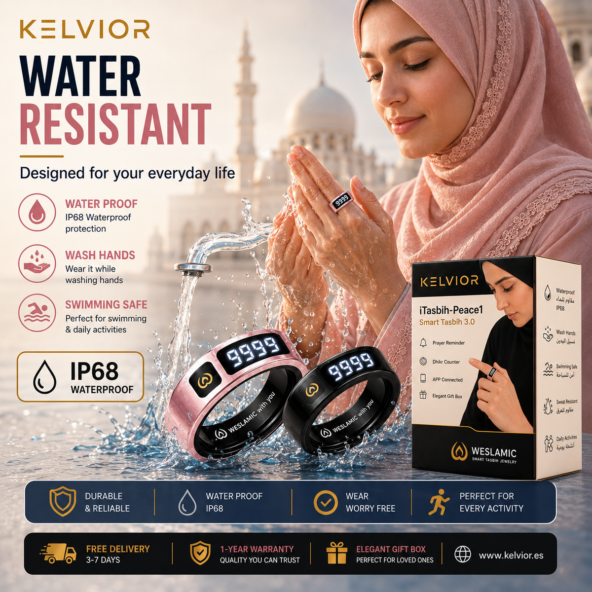KELVIOR Smart Zikr Ring infographic showing an IP68 water-resistant design